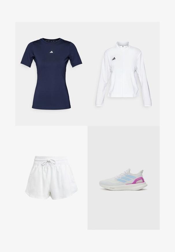 adidas Performance ADIZERO ESSENTIALS - Løpejakke - white; Marineblå kortermet treningsskjorte laget av glatt stoff, med rund hals og en hvit logo på brystet.; Hvite sportsbukser med elastisk midje og justerbar snor. Laget av lett materiale, med sidelommer og løs passform.; adidas Performance PUREBOOST 5 - Løpesko for vei - white/glow blue/purple burst