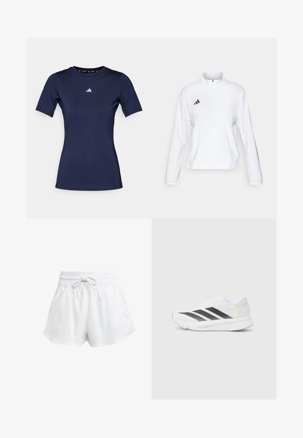 adidas Performance ADIZERO ESSENTIALS - Löparjacka - white; Marinblå kortärmad sporttröja i mjukt material med rund halsringning och en vit logotyp på bröstet.; Vita träningsshorts med elastisk midja och justerbar dragsko. Tillverkade av lätt material, med sidofickor och en lös passform.; Vita sportskor i vitt med svarta diagonala ränder, överdel i mesh, rundad tå och texturerad sula. Accenter inkluderar en silverfärgad häl och en minimalistisk design.
