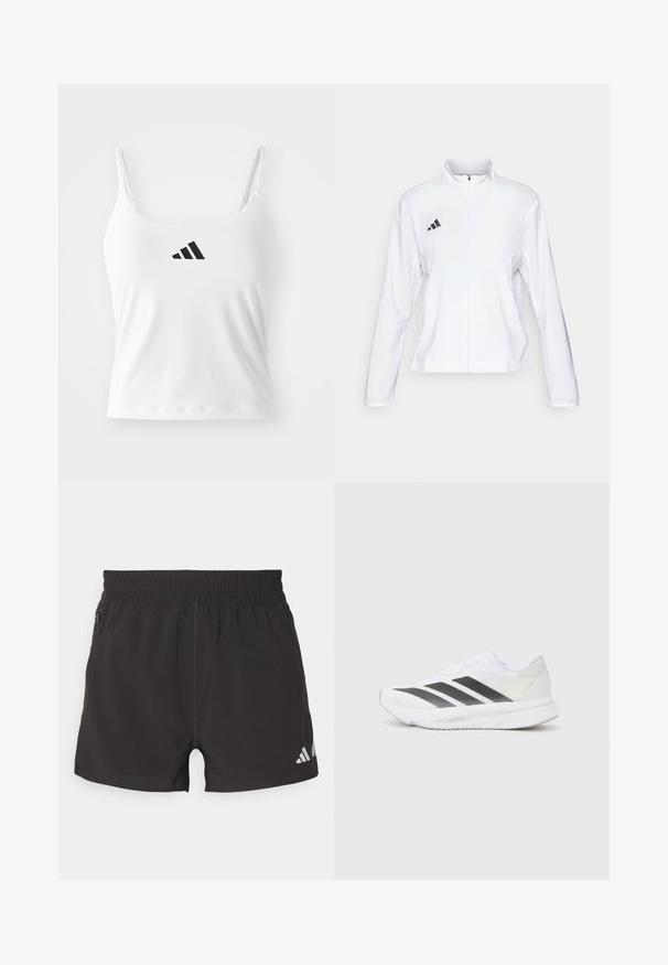 adidas Performance - Kurtka do biegania; Biały top z cienkimi ramiączkami, z czarnym logo adidas z przodu. Materiał ma gładką teksturę i dopasowany krój.; Czarne sportowe szorty wykonane z lekkiego materiału. Posiadają elastyczny pasek w talii, boczną kieszeń na zamek błyskawiczny oraz odblaskowe logo na dolnym brzegu.; Białe buty sportowe z czarnymi przekątnymi paskami, siateczkowa cholewka, zaokrąglony nos oraz teksturowana podeszwa. Akcenty obejmują srebrny obcas i minimalistyczny design.