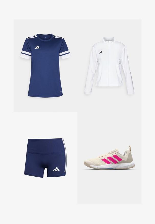 adidas Performance ADIZERO ESSENTIALS - Bežecká bunda - white; Námornícky modré športové tričko vyrobené z syntetického materiálu. Vybavené bielymi pruhmi na rukávoch a logom adidas na hrudi. Krátke rukávy, okrúhly výstrih.; Námornícke modré športové šortky s tesným strihom, vyrobené z hladkej tkaniny, s bielymi bočnými pruhmi a logom na dolnom ľavom rohu.; Béžová atletická obuv s ružovým logom trojpruhov, textúrovaný sieťový zvršok, polstrovaný golier a biela gumová podrážka s označením "LIGHTSTRIKE".