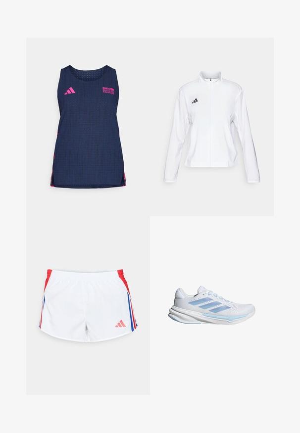 adidas Performance ADIZERO ESSENTIALS - Giacca da running - white; adidas Performance BER25 TANK - Top - collegiate navy; Pantaloni sportivi bianchi con pannelli laterali rossi e strisce blu. Vita elastica e logo nella parte inferiore sinistra. Texture del tessuto liscia.; Scarpe da corsa bianche con accenti blu chiaro, tomaia in rete traspirante, design a tre strisce, soletta ammortizzata e suola con trazione testurizzata.