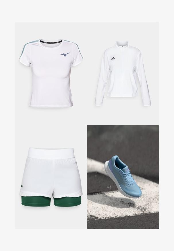 adidas Performance ADIZERO ESSENTIALS - Løbejakker - white; Hvid atletisk t-shirt med en tætsiddende design, korte ærmer, kontrasterende blå skulderdetaljer og et sort bånd med mærkenavnet.; Hvide shorts med en ribbet talje, der har et indvendigt grønt lag og plisserede detaljer i kanten. Lacoste-logo på venstre side.; Lyseblå atletiksko med et tekstureret stofoverdel, lilla accenter og en polstret hvid sål. Har tre striber på siden.