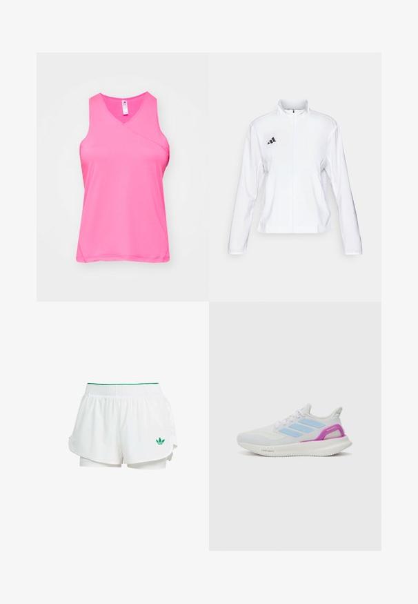 adidas Performance ADIZERO ESSENTIALS - Løpejakke - white; Rosa trenings tank top, laget av lett, pustende materiale. Har en v-hals design og sømløs konstruksjon for komfort.; Hvite sportsbukser med lagdelt design, elastisk midjebånd, grønne detaljer og en liten grønn logo på nedre venstre side.; adidas Performance PUREBOOST 5 - Løpesko for vei - white/glow blue/purple burst