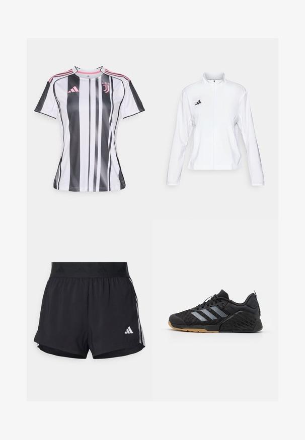 adidas Performance ADIZERO ESSENTIALS - Jachetă sport - white; Tricou de fotbal cu dungi albe și negre, cu accente roz, mâneci scurte și decolteu rotund. Prezintă logo-ul Adidas și emblema clubului.; Shorts de atletism negri cu un brâu elastic, având o bandă texturată, dungi laterale și un logo alb Adidas pe tivul de jos.; Pantofii sport negri cu partea superioară din plasă, design cu trei dungi gri, talpă din cauciuc și accente texturate pe călcâi și pe lateral.