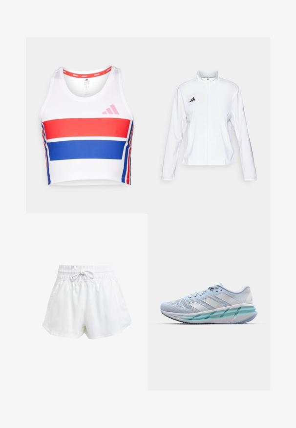 adidas Performance ADIZERO ESSENTIALS - Running jacket - white; Cropped athletic tank top in white with red and blue horizontal stripes. Features pink adidas logo, round neckline, and smooth fabric texture.; White athletic shorts with an elastic waistband and adjustable drawstring. Made from lightweight material, featuring side pockets and a loose fit.; Light blue athletic shoes with a textured knit upper, white accents, and a transparent green midsole. Rounded toe and padded collar.