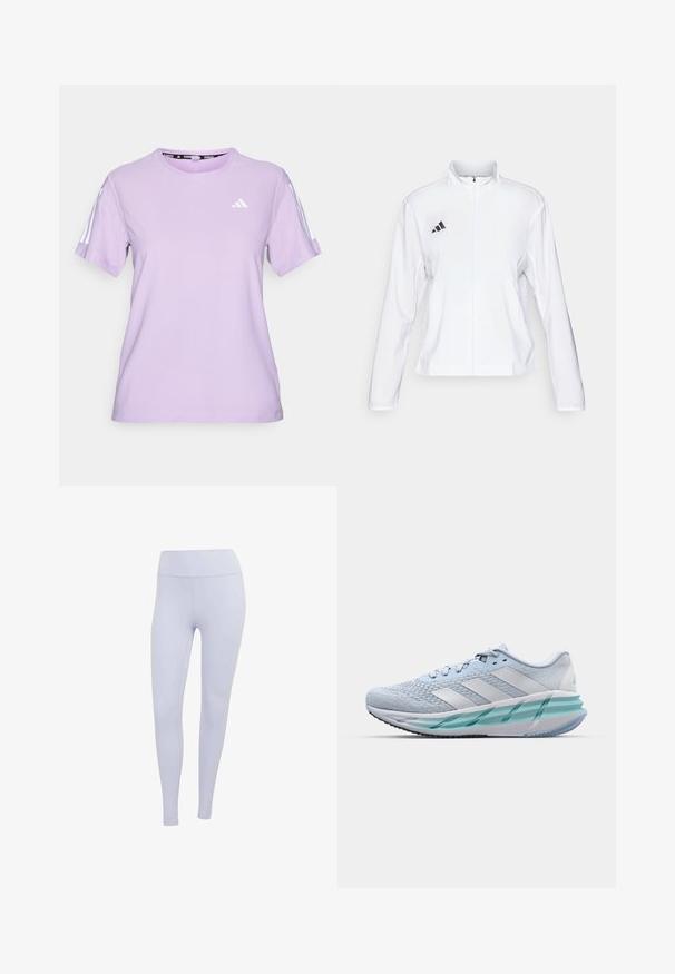 adidas Performance - Kurtka do biegania; Fioletowa koszulka sportowa z krótkim rękawem, wykonana z oddychającego materiału, z okrągłym dekoltem, teksturowaną powierzchnią i trzema białymi paskami na ramionach.; Jasnofioletowe legginsy wykonane z rozciągliwego materiału. Wysoki stan z gładką teksturą i bez widocznych szwów czy wzorów.; Jasnoniebieskie buty sportowe z teksturowaną cholewką z dzianiny, białymi akcentami i przezroczystą zieloną podeszwą środkową. Okrągły czubek i wyściełany kołnierz.