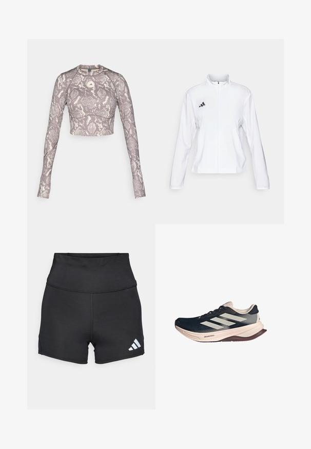 adidas Performance ADIZERO ESSENTIALS - Running jacket - white; Cropped long-sleeve top in a purple and cream snake pattern, featuring a round neckline and smooth stretchy material.; adidas Performance Leggings - black; Running shoe with a dark blue mesh upper, light beige sole, and white three-stripe design. Features a sleek, aerodynamic shape and textured accents.