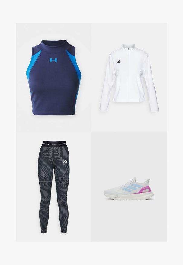 adidas Performance ADIZERO ESSENTIALS - Striukė bėgimui - white; Jūrų kelio be rankovių trumpas viršus iš raukšlėtos medžiagos su mėlynomis akcentais. Turi aukštą apykaklę ir Under Armour logotipą priekyje.; Juodos ir pilkos raštuotos leggings, išsiskiriančios siauru kirpimu, pagamintos iš lygaus medžiagos, turinčios elastingą juosmenį su užrašu "TECHFIT" ir trimis juostomis logotipo.; adidas Performance PUREBOOST 5 - Bėgimo batai plentui - white/glow blue/purple burst