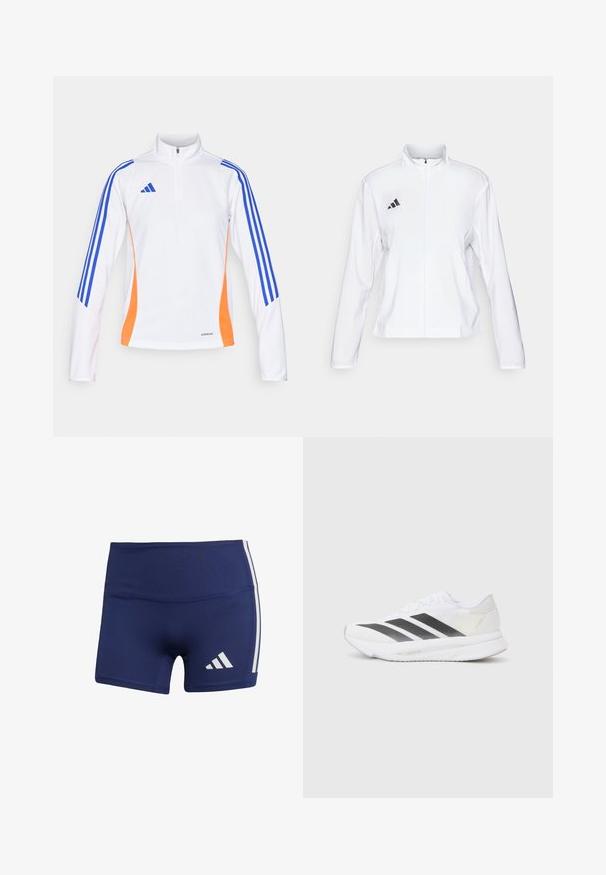 adidas Performance ADIZERO ESSENTIALS - Running jacket - white; adidas Performance TIRO24 TRAINING TOP WOMEN - Long sleeved top - white/lucid blue/app solar red; Navy blue athletic shorts with a tight fit, made of smooth fabric, featuring white side stripes and a logo on the lower left.; White athletic shoe with black diagonal stripes, mesh upper, rounded toe, and textured sole. Accents include a silver heel and minimalistic design.