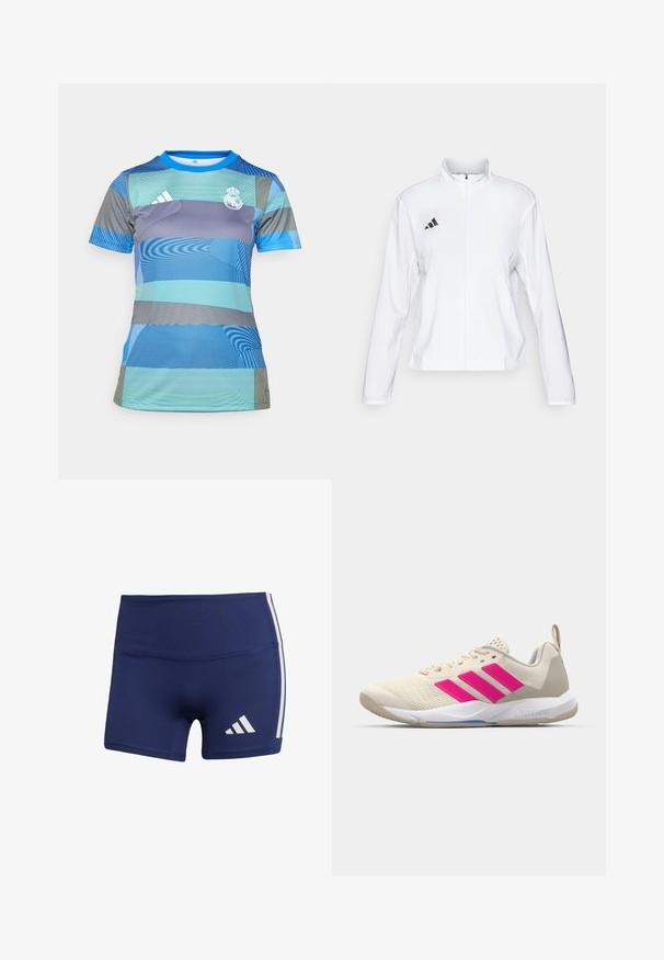 adidas Performance ADIZERO ESSENTIALS - Běžecká bunda - white; Sportovní dres s modro-zeleným vzorem, krátkým rukávem, kulatým výstřihem a vyšívaným logem klubu na hrudi.; Tmavě modré sportovní šortky s těsným střihem, vyrobené z hladké látky, s bílými bočními pruhy a logem na dolní levé straně.; Béžová sportovní obuv s růžovým logem tří pruhů, texturovaným síťovaným svrškem, polstrovaným límcem a bílou gumovou podešví, s označením "LIGHTSTRIKE".