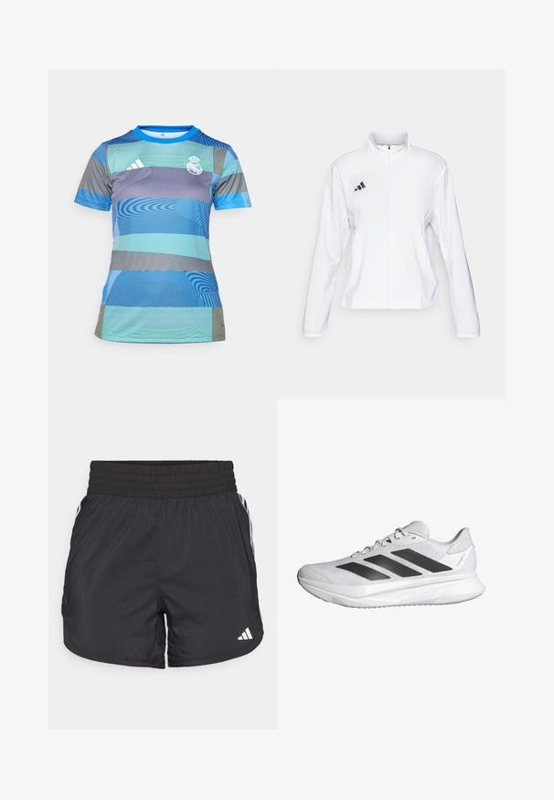 adidas Performance ADIZERO ESSENTIALS - Běžecká bunda - white; Sportovní dres s modro-zeleným vzorem, krátkým rukávem, kulatým výstřihem a vyšívaným logem klubu na hrudi.; Černé sportovní šortky s elastickým pasem, bočními kapsami a bílými pruhy po stranách. Vyrobené z lehkého materiálu.; Bílé sportovní boty s prodyšným síťovaným svrškem, třemi černými pruhy, lehkou podrážkou a texturovanými detaily na patě pro oporu.