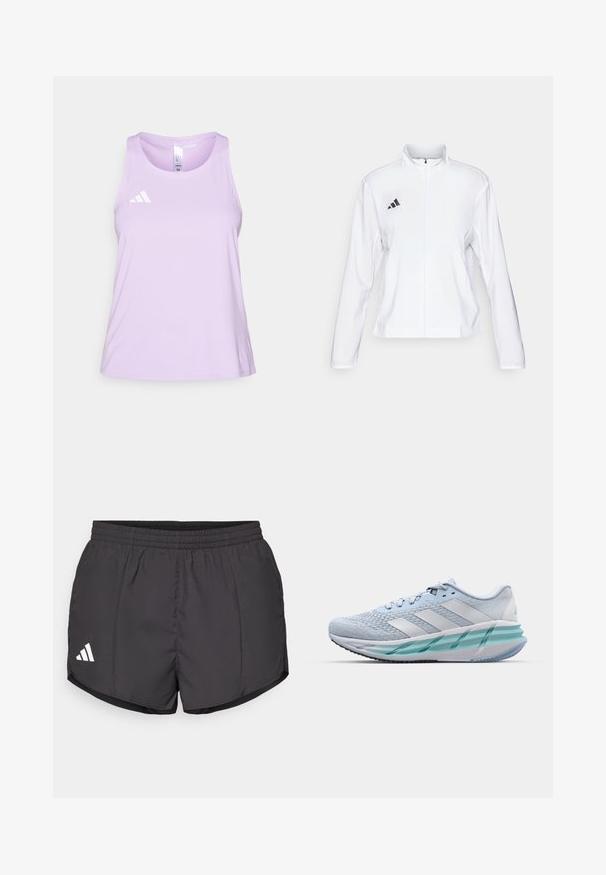 adidas Performance ADIZERO ESSENTIALS - Løpejakke - white; adidas Performance ADIZERO TANK - Topper - powder plum; Svart treningsshorts laget av lett materiale, med elastisk midje og en hvit Adidas-logo nederst til venstre.; Lys blå sportsko med en teksturert strikkoverdel, hvite detaljer og en transparent grønn mellomsåle. Rund tå og polstret krage.