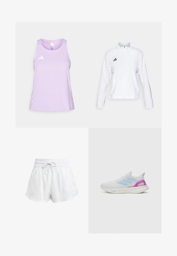 adidas Performance ADIZERO ESSENTIALS - Løpejakke - white; adidas Performance ADIZERO TANK - Topper - powder plum; Hvite sportsbukser med elastisk midje og justerbar snor. Laget av lett materiale, med sidelommer og løs passform.; adidas Performance PUREBOOST 5 - Løpesko for vei - white/glow blue/purple burst