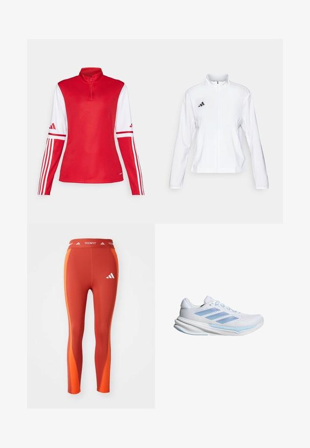 adidas Performance ADIZERO ESSENTIALS - Chaqueta de running - white; Top atlético rojo de manga larga con cuello alto, acentos en las mangas de color blanco y tres rayas blancas a lo largo de las mangas. Presenta un cierre de media cremallera en el frente.; Leggings atléticos rojos con paneles laterales naranjas. Fabricados con tejido elástico, presentan una cinturilla ancha con detalles de "TECHFIT" y el logo de Adidas.; Zapatillas de running blancas con acentos en azul claro, parte superior de malla transpirable, diseño de tres rayas, suela acolchada y suela exterior con tracción texturizada.