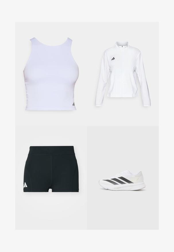 adidas Performance ADIZERO ESSENTIALS - Športna jakna - white; Bela športna kratka majica iz gladkega materiala, z okroglo ovratnikom, brez rokavov in majhnim črnim logotipom v spodnjem kotu.; Črne atletske hlače iz raztegljivega materiala, z visokim pasom, oprijetim krojem in belim logotipom Adidas na levi strani.; Bela atletska čevlja z črnimi diagonali, mrežastim zgornjim delom, zaobljenim nosom in teksturirano podplatom. Dodatki vključujejo srebrno peto in minimalističen dizajn.
