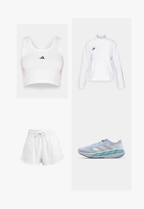adidas Performance ADIZERO ESSENTIALS - Běžecká bunda - white; Bílé crop top vyrobené z měkkého materiálu, s kulatým výstřihem a černým logem Adidas na přední straně. Hladká textura, bez rukávů.; Bílé sportovní kraťasy s elastickým pasem a nastavitelnou šňůrkou. Vyrobené z lehkého materiálu, s bočními kapsami a volným střihem.; Světlomodré sportovní boty s texturovaným pleteným svrškem, bílými akcenty a průhledným zeleným mezipodešví. Oválná špička a polstrovaný límec.
