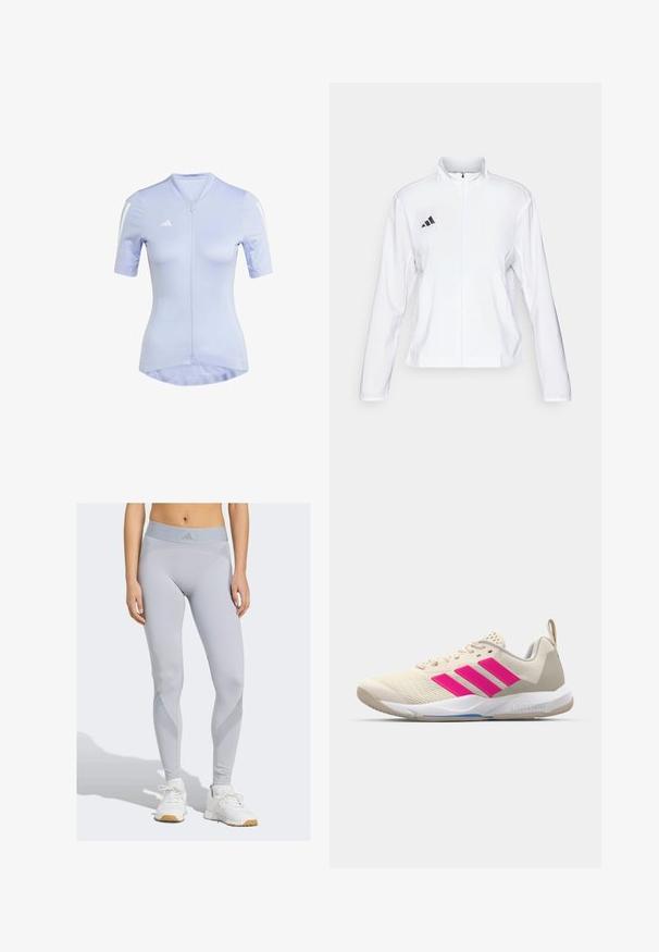 adidas Performance ADIZERO ESSENTIALS - Veste de running - white; T-shirt de sport bleu clair avec des manches courtes, fermeture éclair sur le devant et rayures blanches aux épaules. Fabriqué dans un tissu lisse et extensible pour les activités sportives.; Leggings gris clair avec taille haute et design élégant. Présente des panneaux en maille contrastants et un branding subtil sur la ceinture.; Baskets de sport beiges avec un logo à trois bandes roses, tige en maille texturée, col rembourré et semelle en caoutchouc blanc, arborant le marquage "LIGHTSTRIKE".