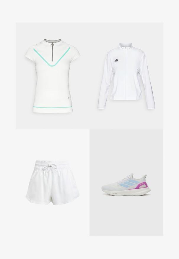 adidas Performance - Kurtka do biegania; Biała bluzka z krótkim rękawem i wysokim kołnierzem, z zapięciem na zamek, turkusowymi akcentami oraz subtelnym logo na dolnej stronie. Gładka faktura.; Białe sportowe szorty z elastycznym pasem i regulowanym sznurkiem. Wykonane z lekkiego materiału, z bocznymi kieszeniami i luźnym krojem.; adidas Performance PUREBOOST 5 biały