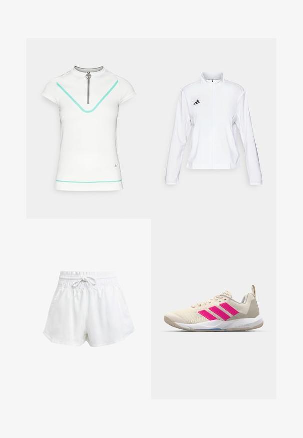adidas Performance ADIZERO ESSENTIALS - Løpejakke - white; Hvit kortermet topp med høy krage, som har glidelås, turkise detaljer og en subtil logo på undersiden. Glatt tekstur.; Hvite sportsbukser med elastisk midje og justerbar snor. Laget av lett materiale, med sidelommer og løs passform.; Beige atletik sko med rosa tre-stripes logo, teksturert mesh-overdel, polstret krage og hvit gummisåle, med "LIGHTSTRIKE" merke.