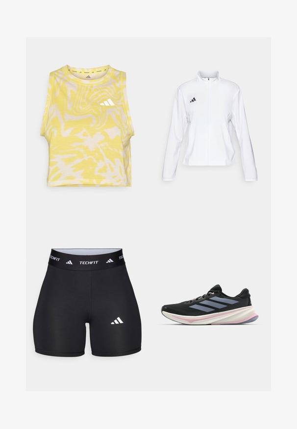 adidas Performance ADIZERO ESSENTIALS - Sporta jaka - white; Dzeltena topa bez piedurknēm ar abstraktu baltu rakstu, apaļu kakla izgriezumu un smalku baltu logotipu uz priekšpuses. Mīksta auduma struktūra.; Melnas šortus, izgatavotus no elastīga auduma, ar pieguļošu dizainu. Iezīmēts ar plašu melnu jostasvietu, uz kuras ir uzraksts "TECHFIT", un ar baltu logotipu uz kājas.; Melnas skriešanas kurpes ar sietiņu augšējo daļu, gaiši purpura akcentiem un trim horizontālām pelēkām svītrām. Iekļauj amortizētu zoli komfortam.