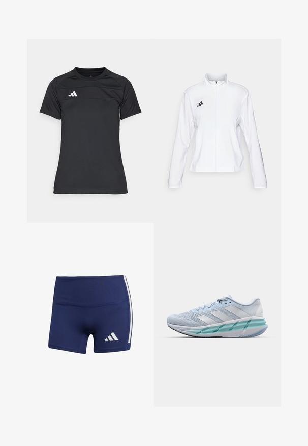 adidas Performance ADIZERO ESSENTIALS - Laufjacke - white; Schwarzes Sportshirt aus leichtem Stoff. Verfügt über einen Rundhalsausschnitt, kurze Ärmel und ein weißes Streifenlogo auf der oberen linken Seite.; Marineblaue Sportshorts mit enganliegendem Schnitt, aus glattem Stoff, mit weißen seitlichen Streifen und einem Logo auf der unteren linken Seite.; Helle blaue Sportschuhe mit einem strukturierten Strickobermaterial, weißen Akzenten und einer transparenten grünen Zwischensohle. Abgerundete Zehenpartie und gepolsterter Schaft.