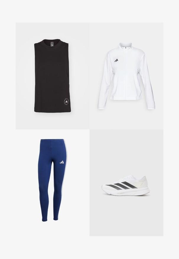 adidas Performance ADIZERO ESSENTIALS - Striukė bėgimui - white; Juodas be rankovių marškinėliai, pagaminti iš švelnaus medvilnės, su apvalia iškirpte ir apvaliu baltu logotipu dešiniajame apatiniame kampe.; Tamsiai mėlynos spalvos leggingai su baltais šoninėmis juostelėmis ir prekės ženklo logotipu apatinėje kojoje. Pagaminti iš elastingos medžiagos, užtikrinančios komfortą ir judėjimo laisvę.; Baltos sportinės bateliai su juodomis įstrižainėmis, tinklinė viršutinė dalis, apvalus pirštas ir tekstūruotas padas. Priedai apima sidabrinį kulną ir minimalistinį dizainą.
