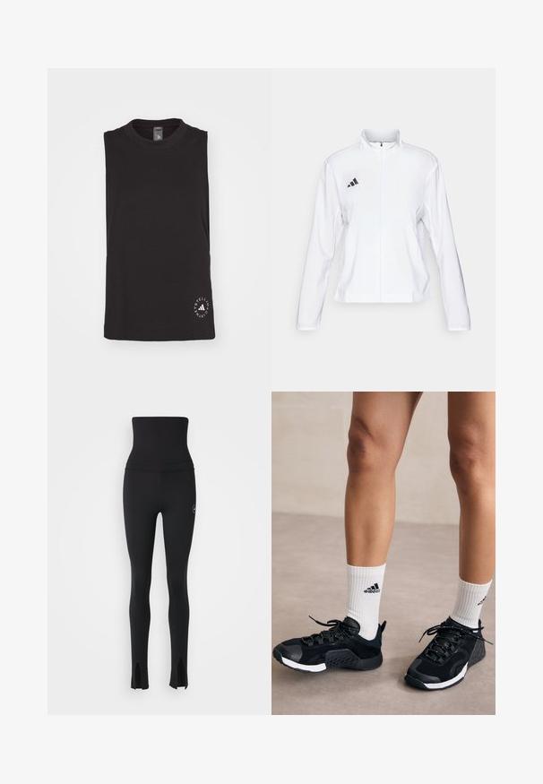 adidas Performance ADIZERO ESSENTIALS - Løpejakke - white; Svart ermeløs topp laget av myk bomull, med rund hals og et sirkulært logo i hvitt nederst til høyre.; adidas by Stella McCartney Tights - black; Sorte treningssko med teksturert overdel, hvite detaljer og et sikkert snøresystem, parret med hvite ribbestrikkede sokker som har et logo.