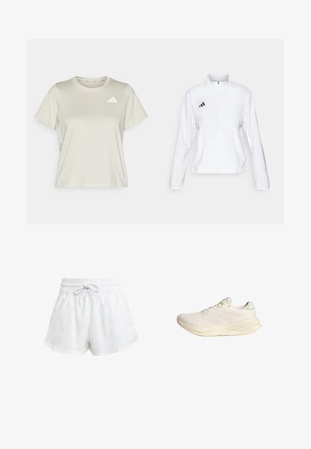 adidas Performance ADIZERO ESSENTIALS - Running jacket - white; adidas Performance TRAIN ESSENTIALS 3STRIPES WORKOUT - Sports T-shirt - alumina/white; White athletic shorts with an elastic waistband and adjustable drawstring. Made from lightweight material, featuring side pockets and a loose fit.; Light beige athletic shoe with a mesh upper, flat laces, and a cushioned sole. Features three stripes design on the lateral side.