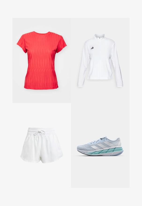 adidas Performance ADIZERO ESSENTIALS - Chaqueta de running - white; Camiseta roja de manga corta con un patrón ondulado texturizado, cuello redondo y un ajuste ligeramente holgado. La tela parece ligera y transpirable.; Pantalones cortos deportivos blancos con cintura elástica y cordón ajustable. Hechos de material ligero, cuentan con bolsillos laterales y un corte holgado.; Zapatillas deportivas azul claro con un upper de punto texturizado, acentos blancos y una suela intermedia verde transparente. Punta redondeada y cuello acolchado.