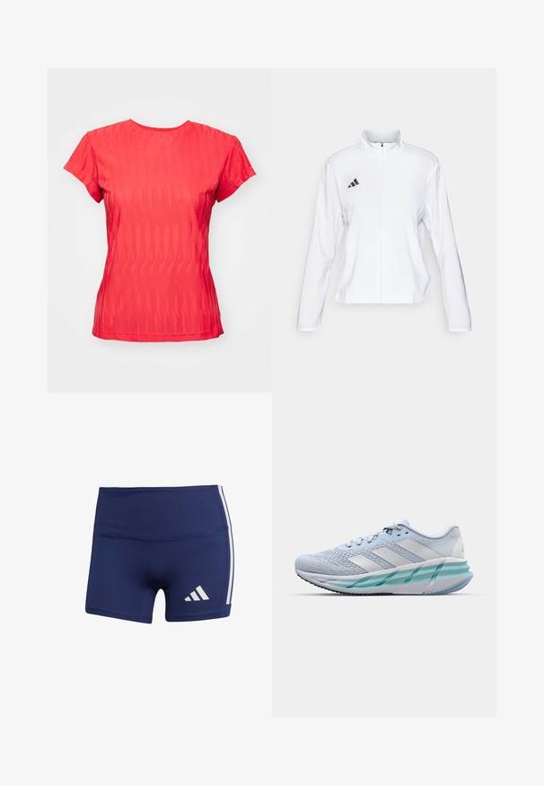 adidas Performance - Kurtka do biegania; Czerwona koszulka z krótkim rękawem, z teksturowanym falistym wzorem, okrągłym dekoltem i lekko luźnym krojem. Materiał wydaje się lekki i przewiewny.; Granatowe szorty sportowe o obcisłym kroju, wykonane z gładkiego materiału, z białymi pasami po bokach i logo w dolnej lewej części.; Jasnoniebieskie buty sportowe z teksturowaną cholewką z dzianiny, białymi akcentami i przezroczystą zieloną podeszwą środkową. Okrągły czubek i wyściełany kołnierz.