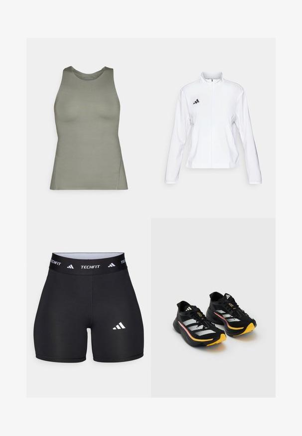 adidas Performance ADIZERO ESSENTIALS - Löparjacka - white; Olivgrön linne i ett mjukt tyg, med rund halsringning, ärmlös design och subtil sömdekoration.; Svarta shorts tillverkade av elastiskt material med en figurnära design. Har ett brett svart midjeband märkt "TECHFIT" och en vit logotyp på benet.; Svarta sportskor med vita ränder, gula tåaccenter och texturerade ovandelar. Har en vadderad sula och svarta snörningar.
