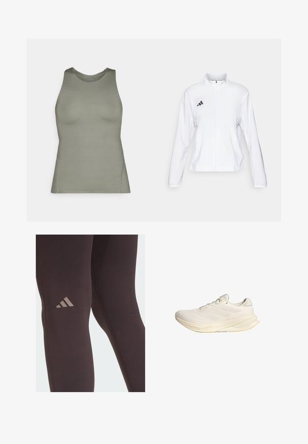 adidas Performance ADIZERO ESSENTIALS - Løpejakke - white; Oliven grønn tank topp laget av glatt stoff, med rund hals, ermeløs design og subtile sømdetaljer.; Svarte treningslegginger med glat tekstur, med en subtil brun Adidas-logo på låret og forsterkede sømmer.; Lys beige treningsko med mesh-overdel, flate snøring og polstret såle. Har tre striper design på siden.