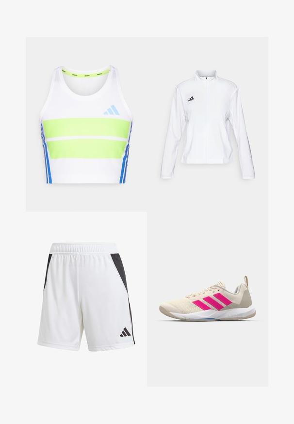 adidas Performance ADIZERO ESSENTIALS - Løpejakke - white; Hvit trenings crop top med grønne og blå horisontale striper. Har rund hals og blå detaljer på sidene.; Hvite treningsshorts med en svart sidepanel, laget av lett stoff. Har elastisk midje og en svart Adidas-logo på den nedre delen av benet.; Beige atletik sko med rosa tre-stripes logo, teksturert mesh-overdel, polstret krage og hvit gummisåle, med "LIGHTSTRIKE" merke.