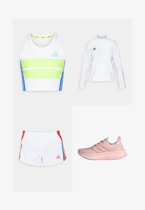 adidas Performance ADIZERO ESSENTIALS - Sporta jaka - white; Balta sporta krekla virsotne ar zaļām un zilām horizontālām svītrām. Tam ir apaļa kakla izgriezuma forma un zilas akcentu detaļas sānos.; Baltas sporta šorts ar sarkanām sānu joslām, kuru apakšā ir zilas svītras. Elastīga josta un logo kreisajā apakšējā pusē. Gluda auduma tekstūra.; Rozā sporta apavi ar adīto augšdaļu, trīs svītru dizainu un biezu mīksto zoli, kas apzīmēta ar "Light Boost". Augšdaļas teksturēta apdare.