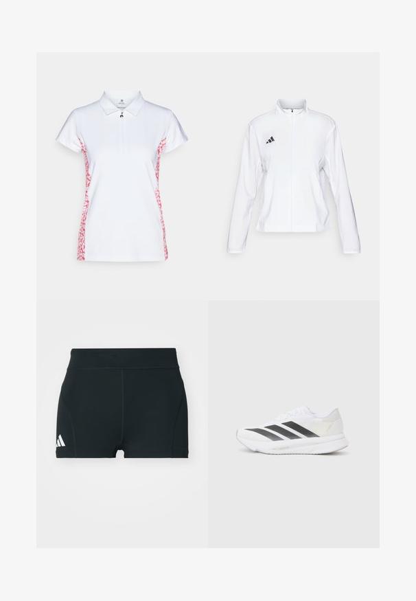 adidas Performance ADIZERO ESSENTIALS - Laufjacke - white; Weißes Poloshirt mit kurzen Ärmeln, ausgestattet mit einem Reißverschlusskragen und einem rosa abstrakten Muster an den Seiten. Hergestellt aus strukturiertem Stoff.; Schwarze Sportshorts aus elastischem Material, mit hohem Bund, taillierter Form und weißem Adidas-Logo auf der linken Seite.; Weißer Sportschuh mit schwarzen diagonalen Streifen, Mesh-Obermaterial, abgerundetem Zehenbereich und strukturiertem Profil. Akzente sind ein silberner Heel und ein minimalistisches Design.