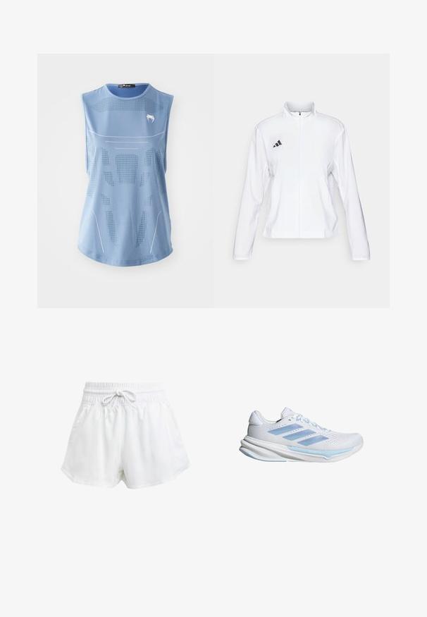 adidas Performance ADIZERO ESSENTIALS - Sportska jakna - white; Svijetloplavi bezrukavni sportski top od glatkog materijala, s perforiranim uzorcima i bijelim detaljima. Oznaka na izrezu iznosi "Mala".; Bijele atletske šorceve s elastičnom strukom i podešavanjem pomoću vezice. Napravljeni su od laganog materijala, imaju bočne džepove i širok kroj.; Bijele trkačke tenisice s laganim plavim akcentima, prozračna mrežasta gornja strana, dizajn s tri pruge, podstava za ublažavanje i teksturirana podloga za prianjanje.