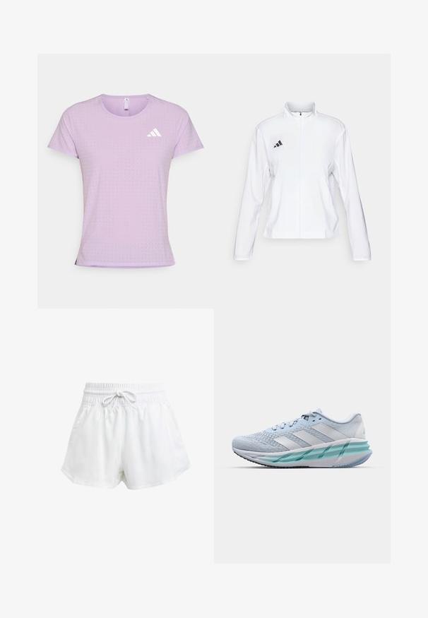 adidas Performance ADIZERO ESSENTIALS - Běžecká bunda - white; Světle fialové sportovní tričko vyrobené z prodyšného materiálu má kulatý výstřih, krátké rukávy a malé perforované detaily. Bílé logo jako akcent.; Bílé sportovní kraťasy s elastickým pasem a nastavitelnou šňůrkou. Vyrobené z lehkého materiálu, s bočními kapsami a volným střihem.; Světlomodré sportovní boty s texturovaným pleteným svrškem, bílými akcenty a průhledným zeleným mezipodešví. Oválná špička a polstrovaný límec.