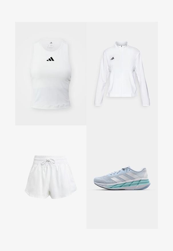 adidas Performance ADIZERO ESSENTIALS - Runningjack - white; Witte sportieve tanktop met een gevormd ontwerp, voorzien van een zwart Adidas-logo in het midden van de borst en zachte, vochtafvoerende stof.; Witte sportieve shorts met een elastische tailleband en verstelbaar trekkoord. Gemaakt van lichtgewicht materiaal, met zijzakken en een losse pasvorm.; Lichtblauwe sportschoenen met een gestructureerde breitbovenkant, witte accenten en een doorzichtige groene tussenzool. Ronde neus en gevoerde kraag.