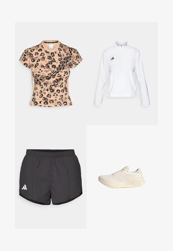 adidas Performance ADIZERO ESSENTIALS - Løpejakke - white; adidas Sportswear TEE - T-shirts med print - multicolor/warm sandstone; Svart treningsshorts laget av lett materiale, med elastisk midje og en hvit Adidas-logo nederst til venstre.; Lys beige treningsko med mesh-overdel, flate snøring og polstret såle. Har tre striper design på siden.
