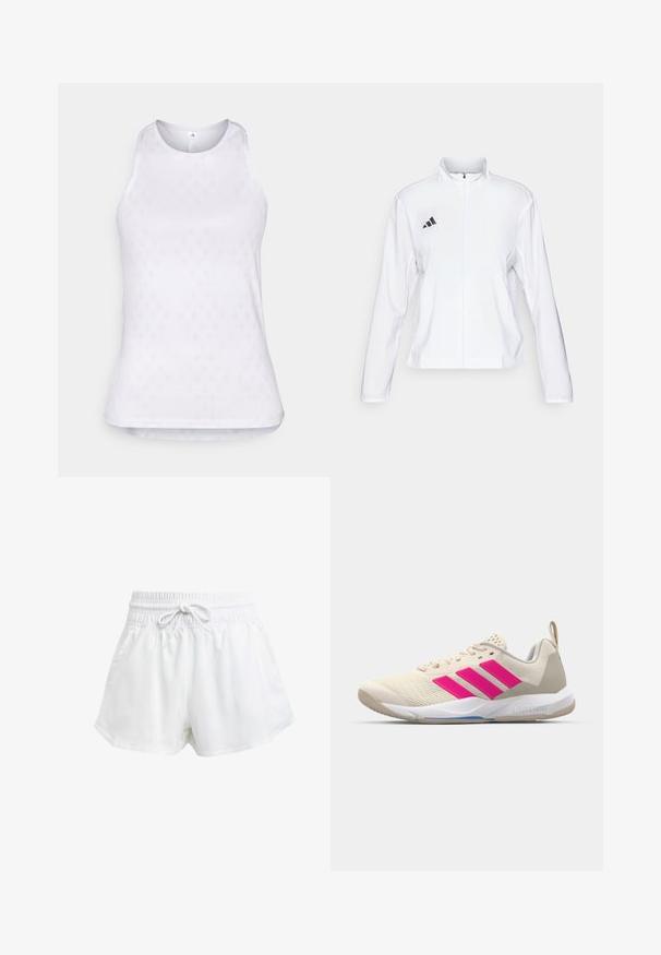 adidas Performance ADIZERO ESSENTIALS - Veste de running - white; T-shirt de sport sans manches blanc en tissu en maille, avec un motif en losange texturé sur toute la surface et un col rond.; Shorts de sport blancs avec une taille élastique et un cordon de serrage réglable. Fabriqués en matériau léger, ils sont dotés de poches latérales et d'une coupe ample.; Baskets de sport beiges avec un logo à trois bandes roses, tige en maille texturée, col rembourré et semelle en caoutchouc blanc, arborant le marquage "LIGHTSTRIKE".