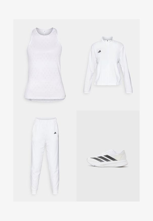 adidas Performance ADIZERO ESSENTIALS - Jachetă sport - white; Top athletic alb fără mâneci, realizat dintr-un material de plasă, având un model texturat în formă de diamant pe întreaga suprafață și un guler rotund.; Pantaloni atletici albi cu talie elastică și manșete. Au buzunare laterale și un mic logo negru pe coapsa stângă. Finisaj dintr-un material neted.; Săptămână albă de sport cu dungi diagonale negre, partea superioară din plasă, vârf rotunjit și talpă texturată. Accentele includ un toc argintiu și un design minimalism.