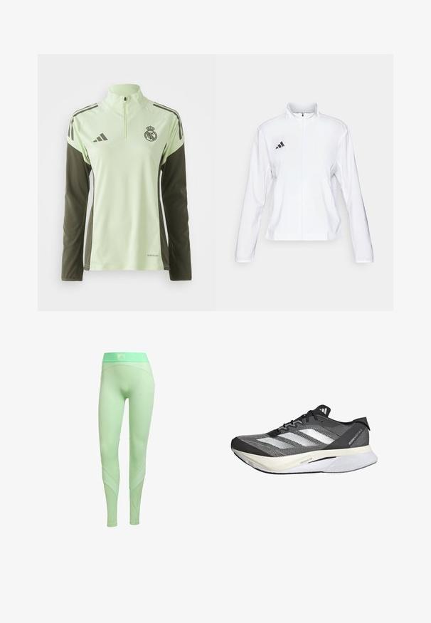 adidas Performance ADIZERO ESSENTIALS - Løbejakker - white; Lys grøn atletisk skjorte med mørkegrønne ærmer, kvart lynlås og hvide striber; har et logo på brystet samt AeroReady branding.; adidas Performance HYPERGLAM - Tights - semi green spark lime burst; Sort og hvid atletisk sko med en mesh-overdel, har tre hvide striber, en fremtrædende sål mærket "LIGHTSTRIKE PRO" og et strømlinet design.