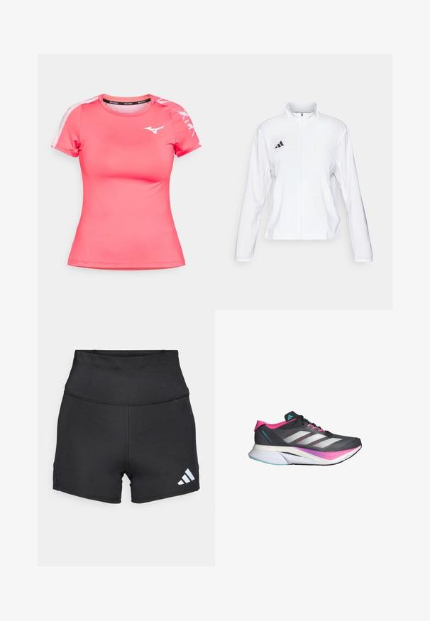 adidas Performance ADIZERO ESSENTIALS - Runningjack - white; Roze sportshirt gemaakt van gladde, ademende stof. Heeft korte mouwen, een ronde hals en een wit logo op de borst en mouwen.; adidas Performance Tights - black; Hardloopschoen met een grijze mesh bovenkant, roze accenten en witte strepen. Beschikt over een gevoerde zool en een slank, aerodynamisch ontwerp.