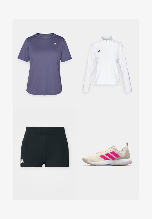 adidas Performance ADIZERO ESSENTIALS - Sportdzseki - white; Mélylila sportpóló, kerek nyakkivágással, rövid ujjakkal, textúrált anyagból készült, amelyen egy kis fehér logó található a bal mellrészén.; Fekete sportnadrág elasztikus anyagból, magas derékkal, testhezálló fazonban, bal oldalon fehér Adidas logóval.; Beige sportcipő rózsaszín háromsávos logóval, texturált hálós felső résszel, párnázott nyakkal és fehér gumitalppal, "LIGHTSTRIKE" márkajelzéssel.