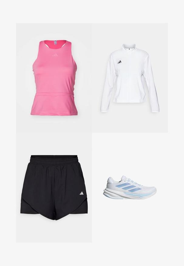 adidas Performance ADIZERO ESSENTIALS - Runningjack - white; Roze sporttanktop gemaakt van een gladde, lichtgewicht stof. Kenmerken zijn een ronde halslijn, mouwloos ontwerp en een subtiele logo op de borst.; Zwarte sportshorts met een gelaagd ontwerp, gemaakt van lichtgewicht stof. Voorzien van een elastische tailleband en een klein wit logo aan de zijkant.; Witte hardloopschoenen met lichtblauwe accenten, ademend mesh bovenwerk, drie-stripes ontwerp, gevoerde zool en getextureerde tractiezool.