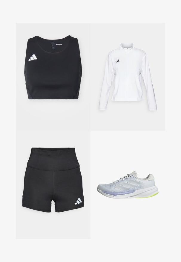 adidas Performance ADIZERO ESSENTIALS - Sportska jakna - white; Crni atletski kratki top izrađen od rastezljivog materijala. Ima okrugli izrez i bijeli adidas logotip s lijeve strane. Glatka tekstura.; adidas Performance Tajice - black; Bijela atletska cipela s prozračnom mrežicom, teksturiranim dizajnom i lavandom naglaskom. Ima podstavljen potplat s detaljima zelene boje na potplatu.
