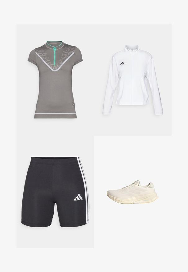 adidas Performance ADIZERO ESSENTIALS - Spordijope - white; Hallitus halline spordipusa lühikese krae, türkiissinine äkilukuga ja V-kujulise disainiga. Heledad hallid aktsendid ja tekstuur lisavad visuaalset huvi.; Mustandist valmistatud sportlikud lühikesed püksid, millel on veniv kangas, valged külgtriibud ja Adidas logo paremas alumises jalas. Sile tekstuur.; Heledadbeige sportjalats, millel on tekitatud ülemine osa, tasased paelad ja pehmendusega talla. Sisaldab lateraalses küljel kolme triibu disaini.