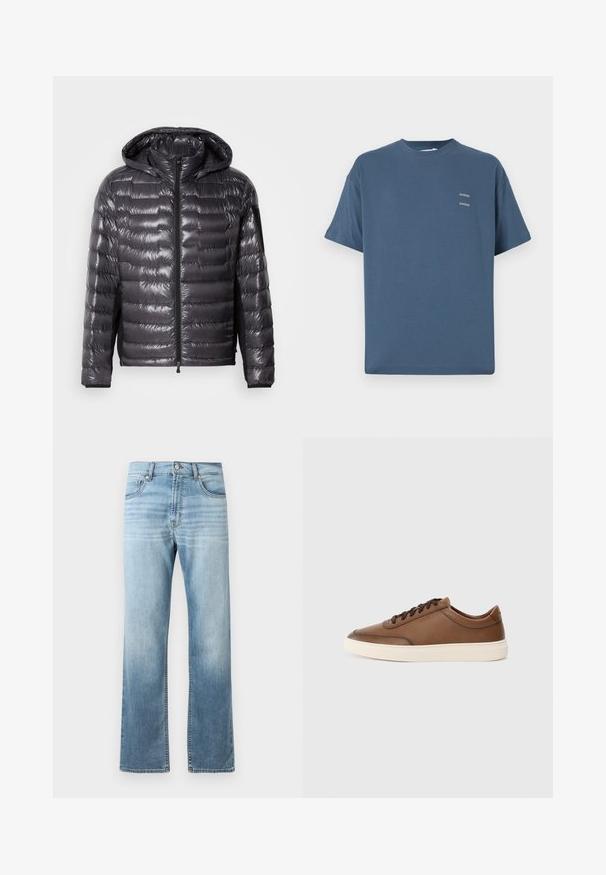 Černá lesklá prošívaná péřová bunda s předním zipem, kapucí a zipovou kapsou na levém rukávu, vystavená na jednoduchém pozadí.; Modrá bavlněná tričko s klasickým kulatým výstřihem, krátkými rukávy, volným střihem a dvěma malými potisky na hrudi. Hladká textura.; Světle modré džíny s rovnými nohavicemi, se zesvětlením v oblasti stehen, dvěma předními kapsami a klasickým zapínáním na knoflík.; Hnědá kožená teniska s hladkým povrchem, šněrováním a kontrastní off-white gumovou podrážkou. Minimální branding na boku.