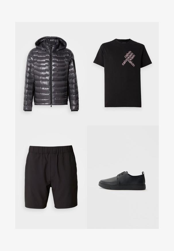 Mustapintainen kiiltävästi vuorattu toppatakki, jossa on etuvetoketju, huppu ja vetoketjullinen tasku vasemmassa hihassa, esillä yksinkertaisella taustalla.; Mustat puuvillaiset t-paidat, joissa on vinosti pinkki "calvin klein" -logoscreeni edessä. Lyhyet hihat ja pyöreä kaula-aukko.; Mustat shortsit joustavista materiaaleista, joissa on joustava vyötärö, sivutaskut ja yksinkertainen, siisti muotoilu. Ilman kuvioita tai koristeita.; Musta nahkakengät hienolla pinnalla, pyöreällä varvastyönnöllä, sävyyn sointuvilla ompeluilla, nauhakengät edessä ja littealla kumipohjalla. Silmukka kantapäässä.