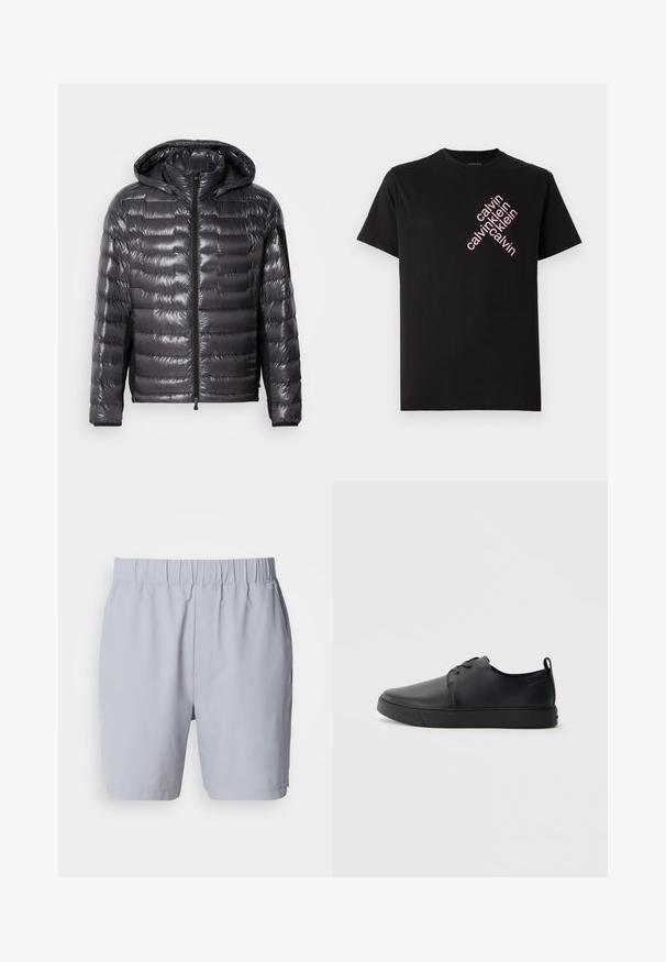 Czarna, błyszcząca, pikowana kurtka puchowa z zamkiem z przodu, kapturem i zamykaną kieszenią na lewym rękawie, wyeksponowana na jednolitym tle.; Czarna bawełniana koszulka z krótkim rękawem z ukośnym różowym nadrukiem logo "calvin klein" z przodu. Okrągły dekolt.; Jasnoszare kąpielówki z elastycznym pasem, dwiema bocznymi kieszeniami oraz gładkim, lekkim materiałem. Brak widocznych wzorów lub ozdób.; Czarne skórzane sneakersy o gładkim wykończeniu, zaokrąglonym nosku, tonalnym przeszyciu, sznurowanym przodzie oraz płaskiej gumowej podeszwie. Pętla na pięcie.